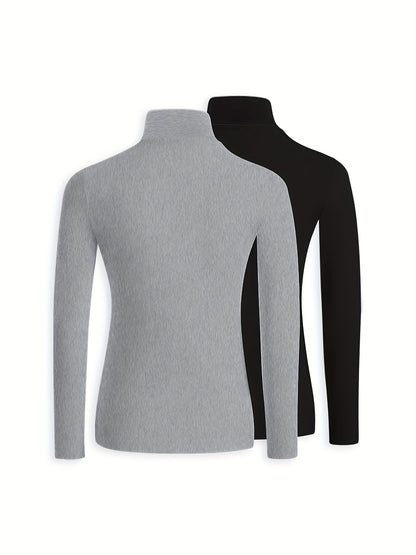 Solid Color Slim Fit Long Sleeve High Neck Pullover T-Shirt Two-Piece Set