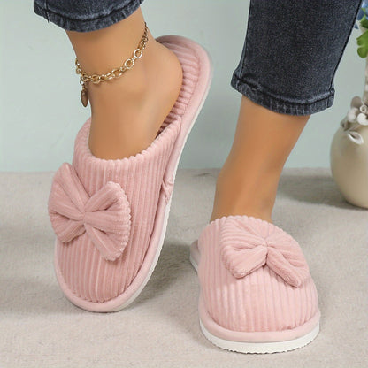 Cute Bowknot Soft Sole Fuzzy Slippers, Winter Cozy &amp; Warm Slip On Plush Shoes, Comfy Closed Toe Home Slippers
