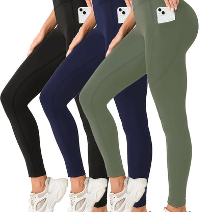 3pcs High-Waist Yoga Leggings with Pockets - Tummy Control, Slimming Effect, Stretchy & Breathable Fabric, Black/Brown/Gray, Perfect for Yoga & Casual Attire