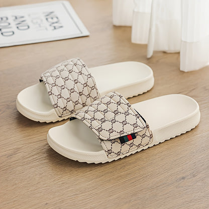 Men's Luxury Slip-On Slippers - Thick Cushioned EVA Sole & Soft PU Upper with Striped Pattern, All-Season Indoor/Outdoor House Shoes for Men, Comfortable Casual & Party Footwear (Black/White, Beige/Brown) - Unisex-Friendly De