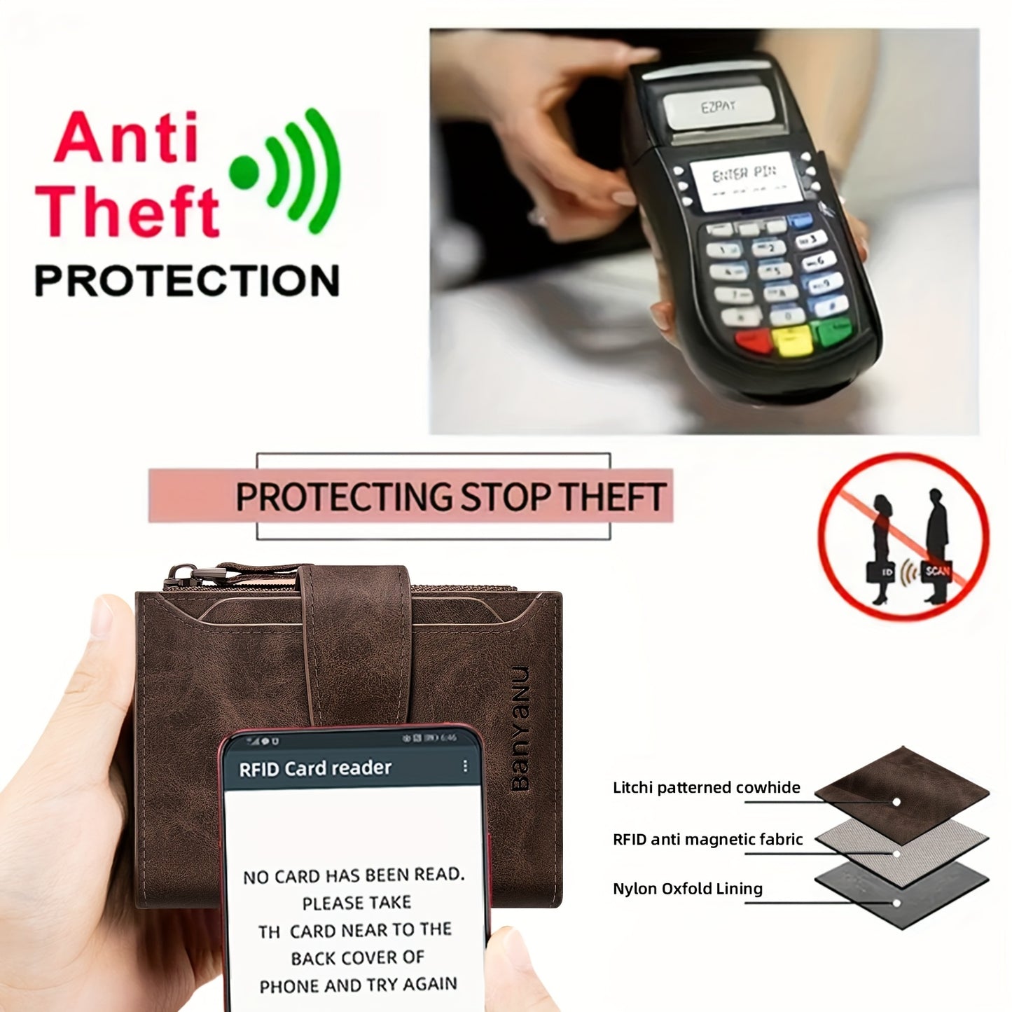 BANYANU Vintage Genuine Leather Wallet for Men - RFID Blocking, 17 Card Slots, Zippered Coin Pocket &amp; Independent Card Holder, Brown, Perfect Father'S Day Gift, Secure Card Storage | Vintage Wallet | Durable Zipper Closure, B