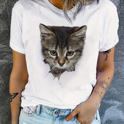 Cute Cat Print T-shirt, Crew Neck Short Sleeve T-shirt, Casual Everyday Tops, Women's Clothing
