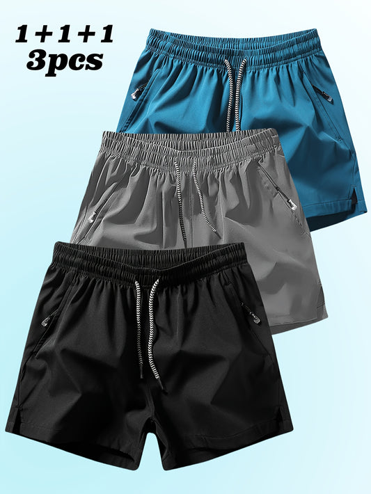 3pcs Men's Casual Athletic Shorts - Breathable, Comfortable, Zippered Pockets, Elastic Waistband, Solid Colors (Blue, Gray, Black) for Fitness, Running & Casual Attire, Running Shorts | Minimalist Shorts | Smooth Texture
