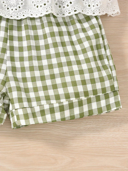 Cute Ruffle Lace Top & Check Shorts Two-Piece Set - White Blouse with Yellow Bow, Yellow & White Gingham Shorts, Perfect for Spring/Summer, Casual Playwear|Ruffle Detail Top|Nonstretch Fabric, for Outdoor