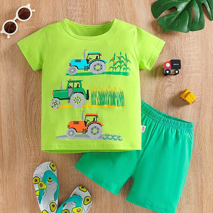 Boy's Tractors Print Casual Outfit Round Neck T-shirt & Shorts, Kids Summer Clothes Set For Daily And Outdoor Wear