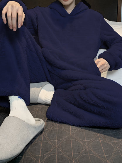 Men's Coral Velvet Pajamas Autumn and Winter Thickened Velvet Winter Hooded Flannel Warm Youth Pajama Set