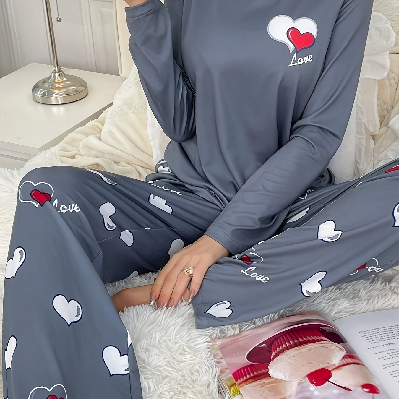 Plus Size Casual Heart Print Round Neck Long Sleeve Pantsuit