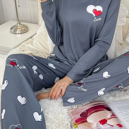 Plus Size Casual Heart Print Round Neck Long Sleeve Pantsuit