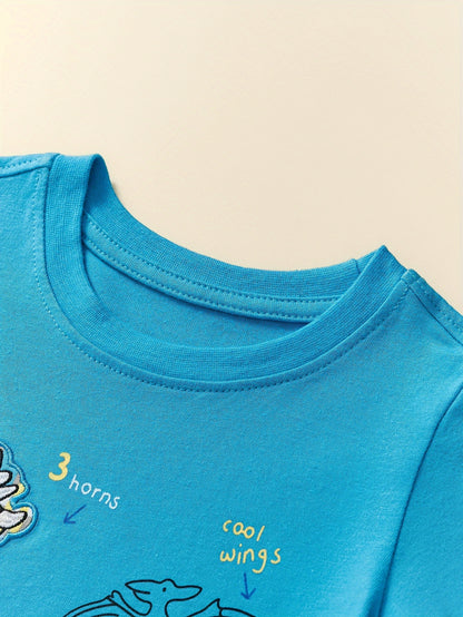 2pcs Set Kids Cotton Cartoon Dinosaur Short Sleeves Tshirt & Breathable Comfy Drawstring Plaid Shorts
