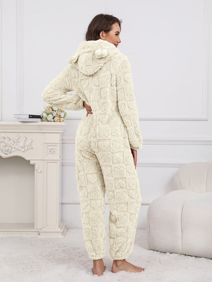 Women's Plush Fleece Hooded Jumpsuit - Cozy Mid-Length Zip-Up Romper with Heart Pattern, Harem Pants & Machine Washable for Autumn/Winter Clothing, Winter Apparel, Playful Bear Design, Soft Texture Apparel