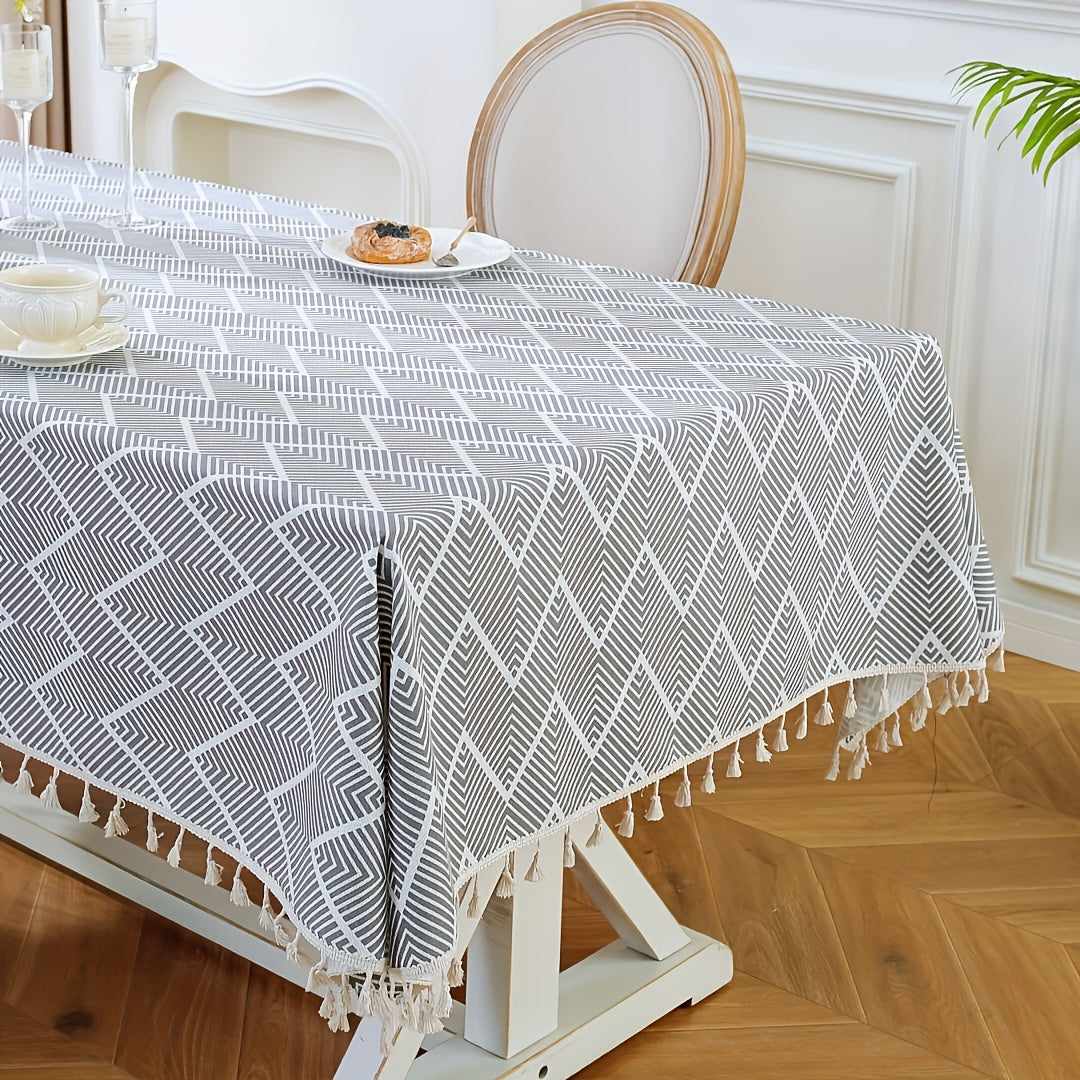 1pc, Bohemian Geometric Wave Pattern Tablecloth - European Style Cotton and Linen Rectangular Tablecloth for Farmhouse, Restaurant, Picnic, Camping, Birthday Party Decoration and Home Decor