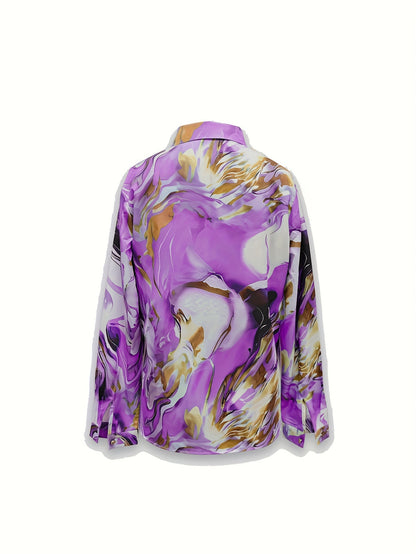 Allover Print Lapel Neck Blouse, Casual Button Front Long Sleeve Blouse For Spring & Fall, Women's Clothing