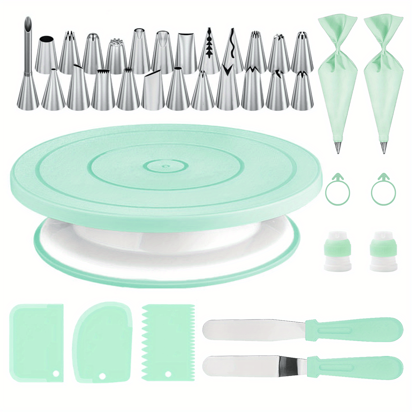 36pcs Stainless Steel Piping Nozzles Cake Turntable Set, 24 Piping Nozzles, 1 Cake Turntable, 2 Reusable Piping Bags, 2 Silicone Rings, 2 Converters, 2 Cream Spatulas, 3 Cream Scrapers, Cake Decorating, Nozzles, Pastry, Cupca