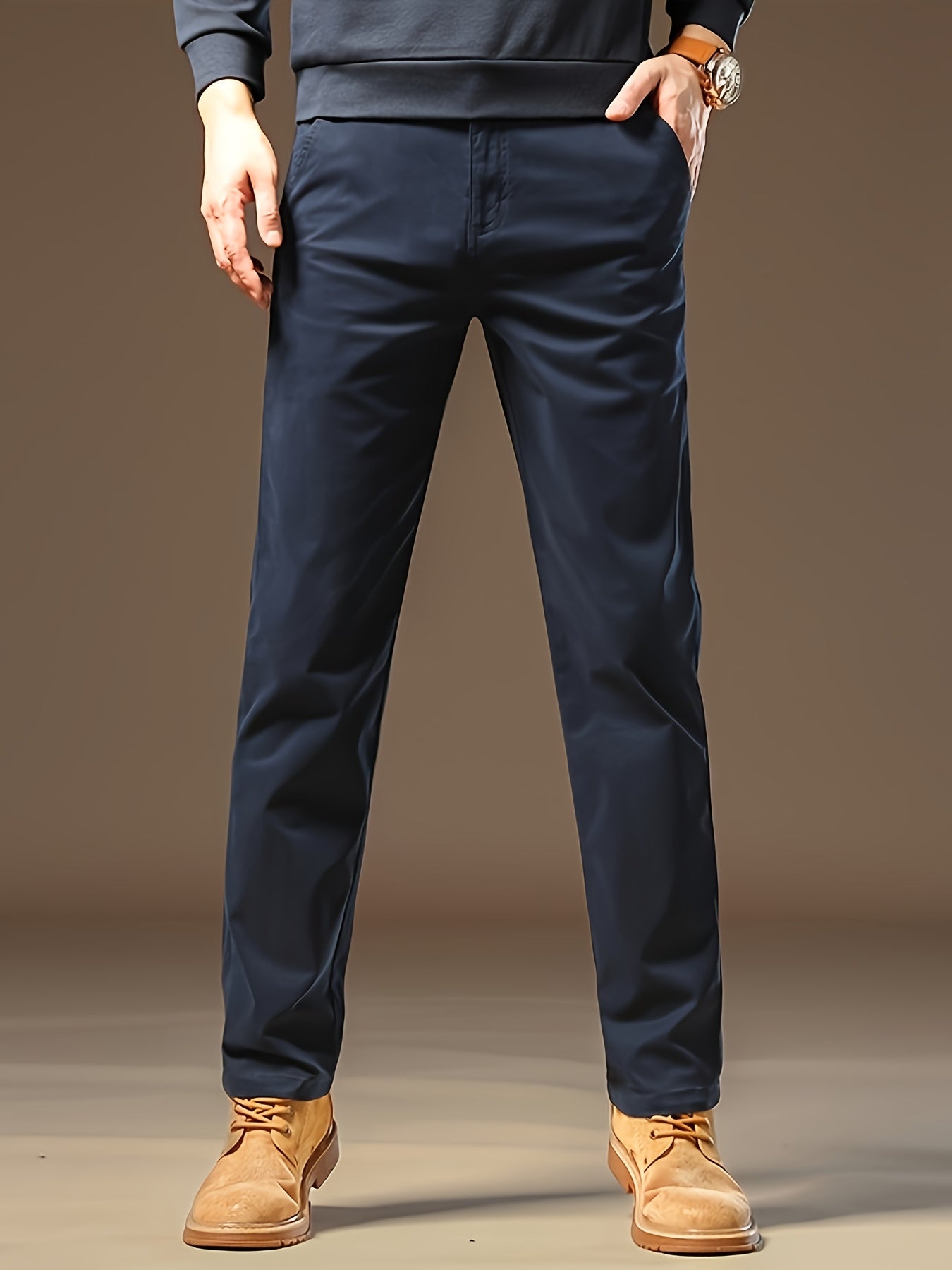 Men's Solid Navy Blue Straight-Leg Dress Pants - All-Season Full-Length Formal & Business Casual Trousers with Zipper Closure, Machine Washable, Durable Comfort Fit for Office, Semi-Formal & Casual Attire - Versatile Solid Co