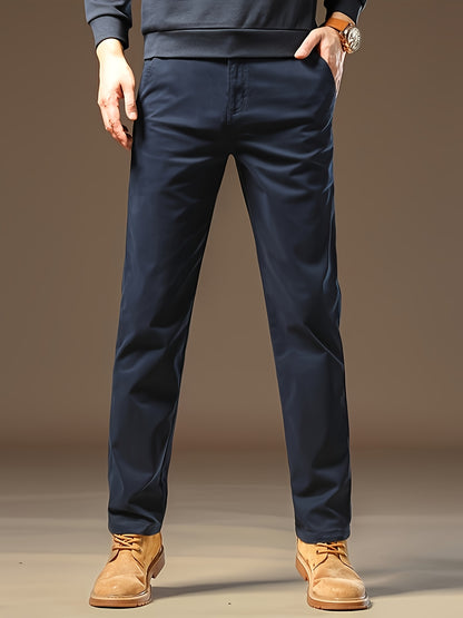 Men's Solid Navy Blue Straight-Leg Dress Pants - All-Season Full-Length Formal & Business Casual Trousers with Zipper Closure, Machine Washable, Durable Comfort Fit for Office, Semi-Formal & Casual Attire - Versatile Solid Co