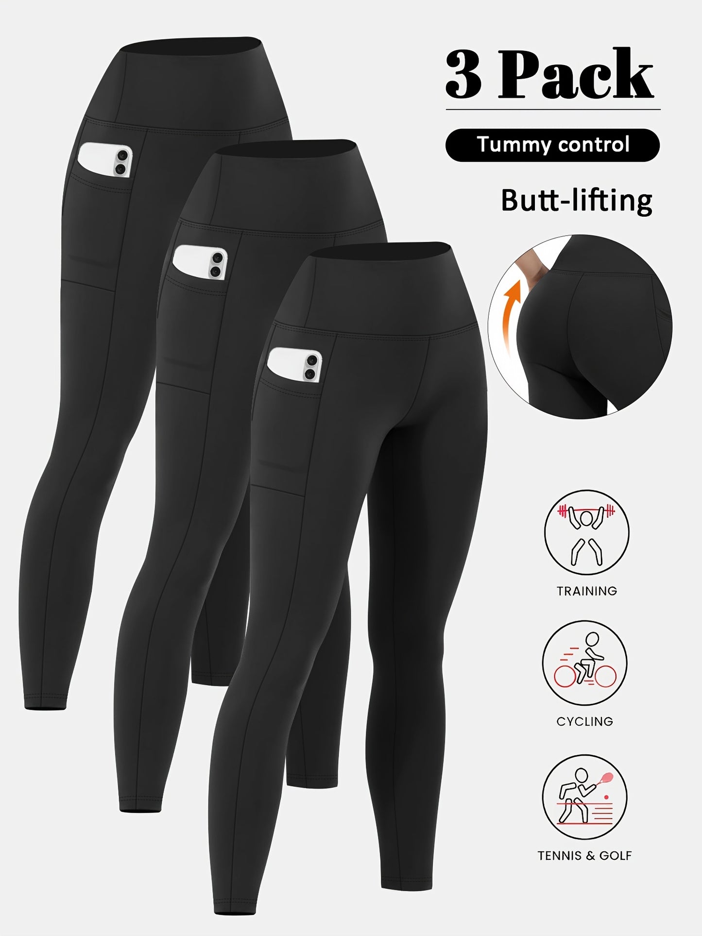 3pcs Set Women's High-Waisted Tummy Control Yoga Leggings - Full-Length Opaque Workout Pants with Pockets, 4-Way Stretch Soft Athletic Gym Pants for Running, Fitness, Yoga & Casual Attire - All-Season Tight Bodycon Leggings (