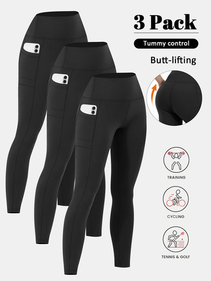 3pcs Set Women's High-Waisted Tummy Control Yoga Leggings - Full-Length Opaque Workout Pants with Pockets, 4-Way Stretch Soft Athletic Gym Pants for Running, Fitness, Yoga & Casual Attire - All-Season Tight Bodycon Leggings (