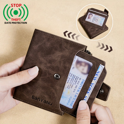 BANYANU Vintage Genuine Leather Wallet for Men - RFID Blocking, 17 Card Slots, Zippered Coin Pocket &amp; Independent Card Holder, Brown, Perfect Father'S Day Gift, Secure Card Storage | Vintage Wallet | Durable Zipper Closure, B