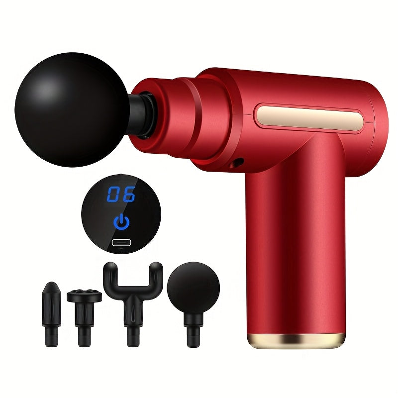 O massajador portátil vem com quatro cabeças de massagem intercambiáveis, tem um ecrã LED, pode ser carregado via USB, opera com uma voltagem de ≤36V, é alimentado por uma bateria de lítio 18650 e foi concebido para uma utilização multifuncional.