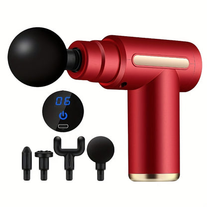 O massajador portátil vem com quatro cabeças de massagem intercambiáveis, tem um ecrã LED, pode ser carregado via USB, opera com uma voltagem de ≤36V, é alimentado por uma bateria de lítio 18650 e foi concebido para uma utilização multifuncional.