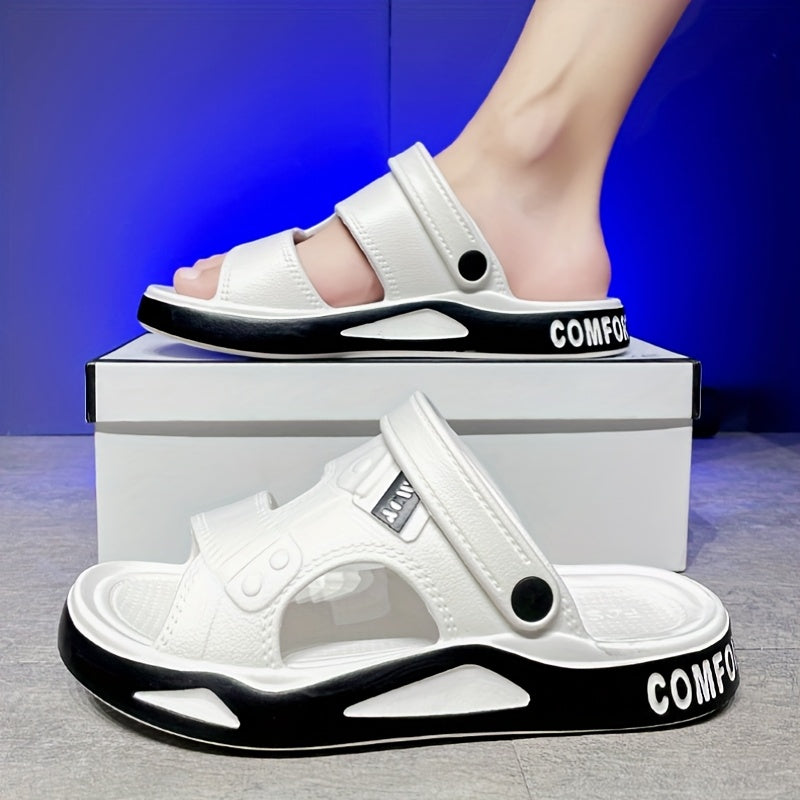 Sandálias de verão para homem, estilo slide - Confortáveis ​​em EVA, pretas com detalhes em branco, tira ajustável com fecho de velcro, design casual de bico aberto para uso exterior, sandálias de verão.