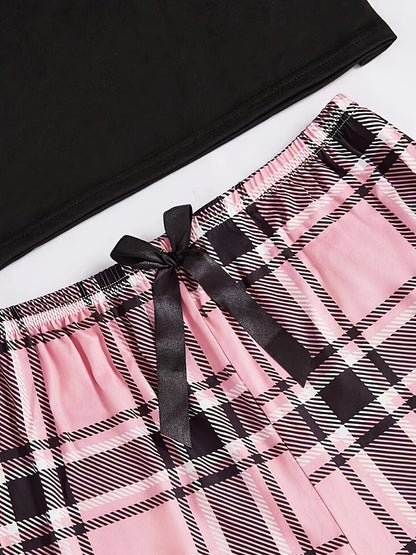 3-Piece Casual Women's Pink Heart Plaid Pajama Set with Round Neck and Plaid Pattern for Adults, Made of Polyester