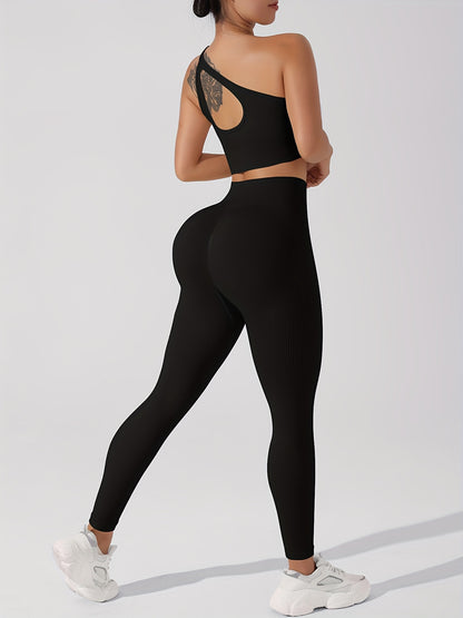 Women's 2pcs Yoga Set: Sexy One-Shoulder Sports Bra & High-Waist Butt Lifting Leggings - Stretchy, Non-See-Through Activewear