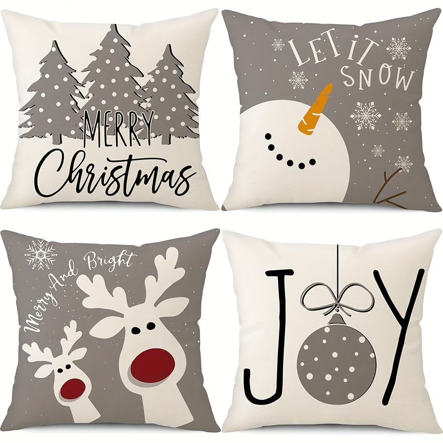 4pcs, Linen Christmas Pillow Covers, Christmas Decorations, Snowman Deer Christmas Tree, Winter Holiday Decor, Throw Cushion Case For Home Couch 16x16, 18x18, 20x20 Single-sided, No Pillow Core