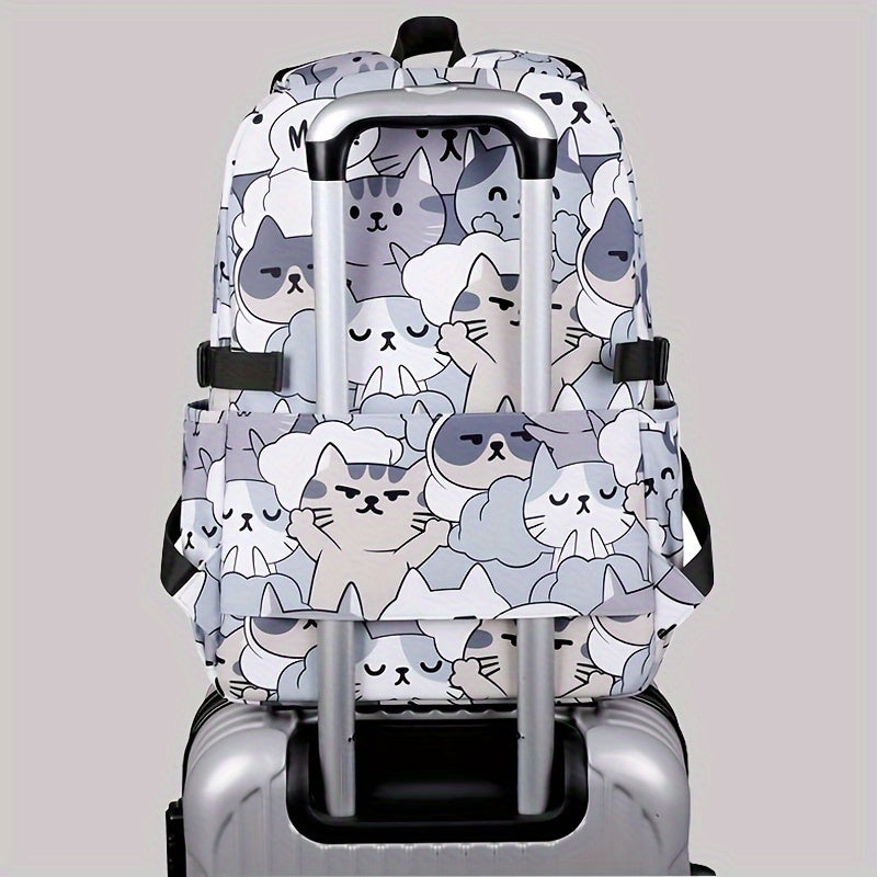 Casual Fashion Cartoon Cats Print Knapsack With Adjustable Strap And Large Capacity, Zip Up, Trendy Backpack For Travel And School
