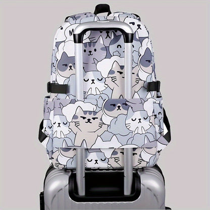 Casual Fashion Cartoon Cats Print Knapsack With Adjustable Strap And Large Capacity, Zip Up, Trendy Backpack For Travel And School