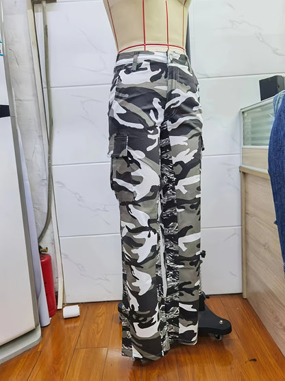 High Waist Straight Camouflage Cargo Jeans, Camo Print Medium Stretch Side Flap Pocket High Rise Denim Pants, Women's Denim Jeans & Clothing