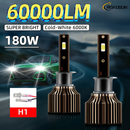2pcs ROADSUN LED Bulbs - 60000LM Ultra Bright, 180W, 6000K Cool White, H1/H7/H11/9005/9006/H4/H13/9007/9004 Compatible, Plug & Play, Cooling Fan, Aviation Aluminum Housing, 12V/24V Compatible, for Cars, Trucks, SUVs, Motorcyc