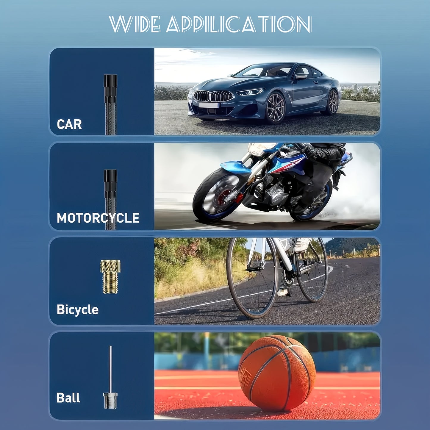 Recommendation: 150PSI High-Speed Inflator Pump with Intelligent Digital Display And Emergency Tire Repair Light. Suitable for Inflating Cars, Motorcycles, Bicycles, And Various Balls. Obsidian Black Version.