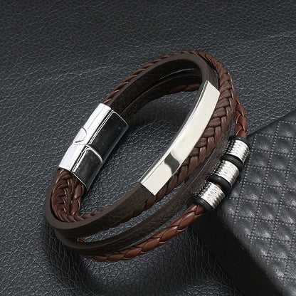 Nova pulseira masculina vintage, feita à mão, com várias camadas de contas, fecho magnético e revestimento em PU.
