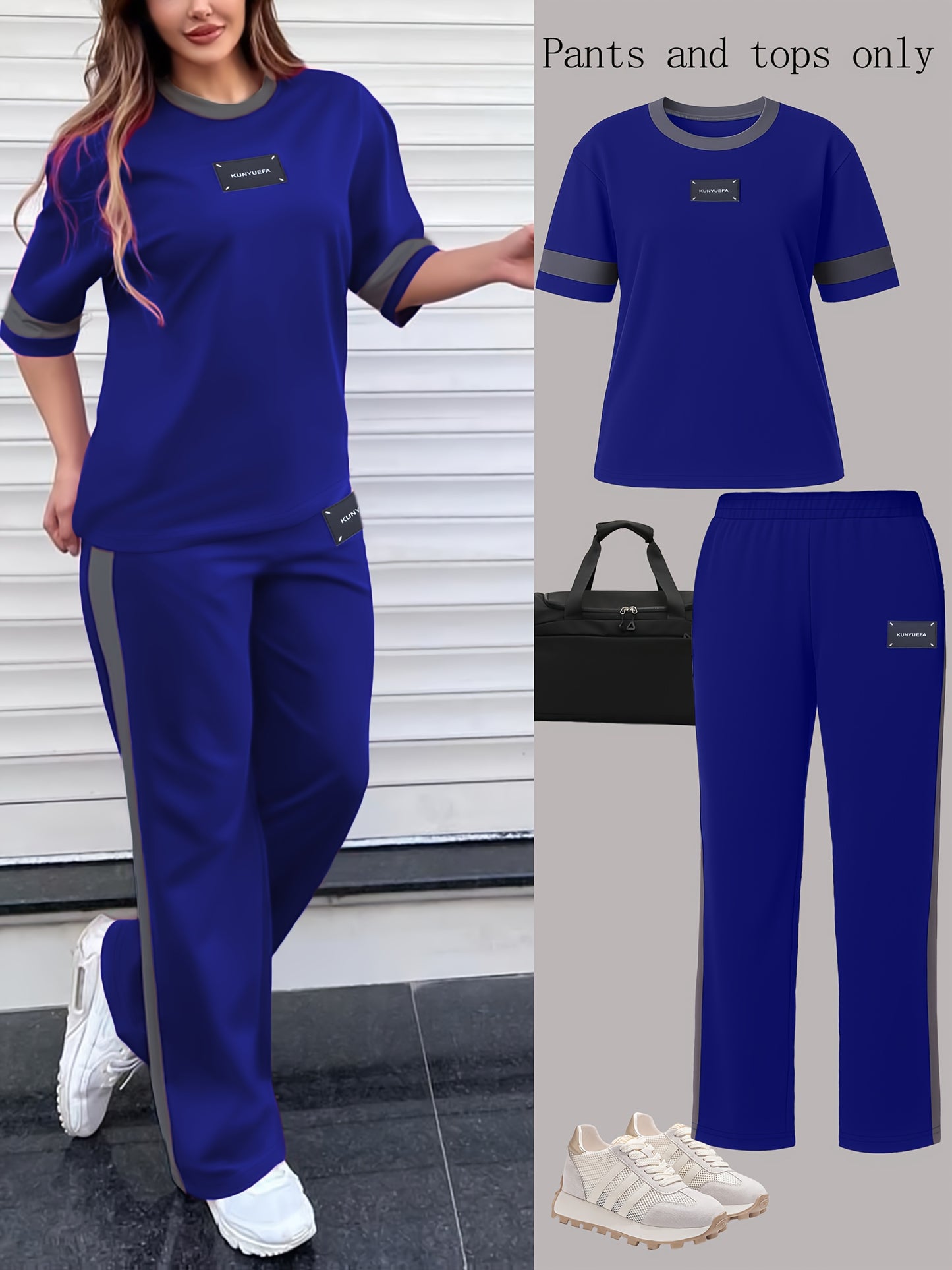 Autumn Fashion Trend: Color-Block Round Neck Short Sleeve T-Shirt + Casual Loose-Fit Elastic Waist Straight-Leg Pants Women's Two-Piece Set