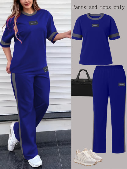 Autumn Fashion Trend: Color-Block Round Neck Short Sleeve T-Shirt + Casual Loose-Fit Elastic Waist Straight-Leg Pants Women's Two-Piece Set