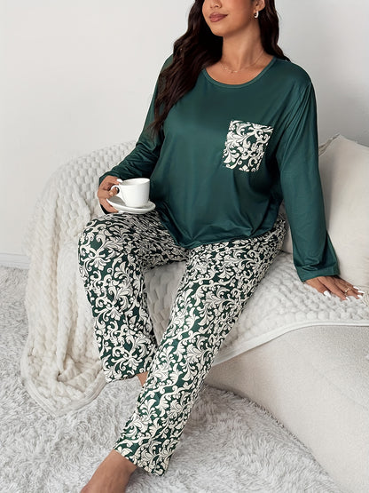 Plus Size Pocket Round Neck Long Sleeve Top and Geometric Floral Print Pants 2pcs Comfortable Casual Pajama Set