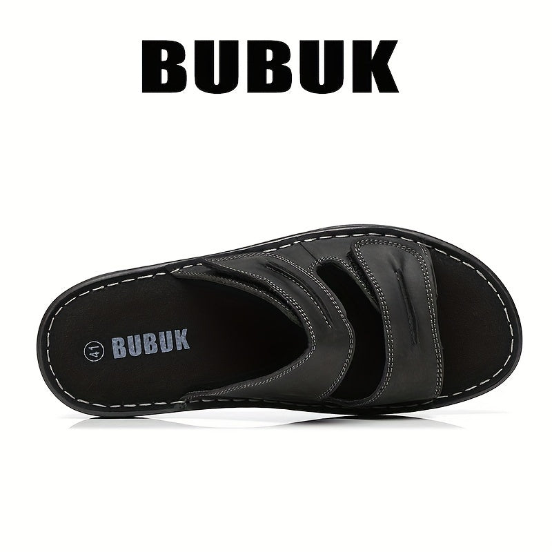 BUBUK Men's Genuine Leather Slip-On Slippers Sandals - Full-Grain Cowhide Upper, Adjustable Strap & Buckle, Black Heavy-Sole (PU/Fabric) for Beach, Casual, Outdoor - Comfortable All-Terrain Walking Shoes - Durable Leather Foo