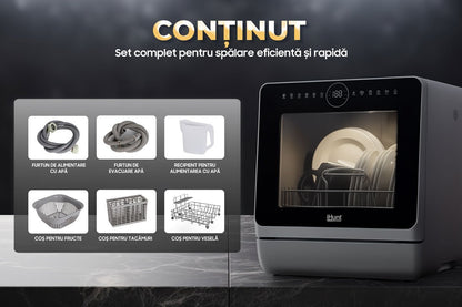 Compact Ihunt Bro Dishwasher Xpert, Turbo Clean, 950W, Drain Pump, Digital Control, Class B, 6 Programs, Heating / Drying, Water Supply Tap / Manual, 5L Water Reserve, 45Cm, White