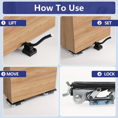 6-Piece Upgraded Furniture Dolly Set, Includes 4 Furniture Movers with 4 Wheels, 1 Pry Bar, 1 Pair of Gloves, Carbon Steel Panel Heavy-Duty Dolly, Furniture Lifter with 4 Universal 360° Swivel Rubber Wheels, Max Load 999.72