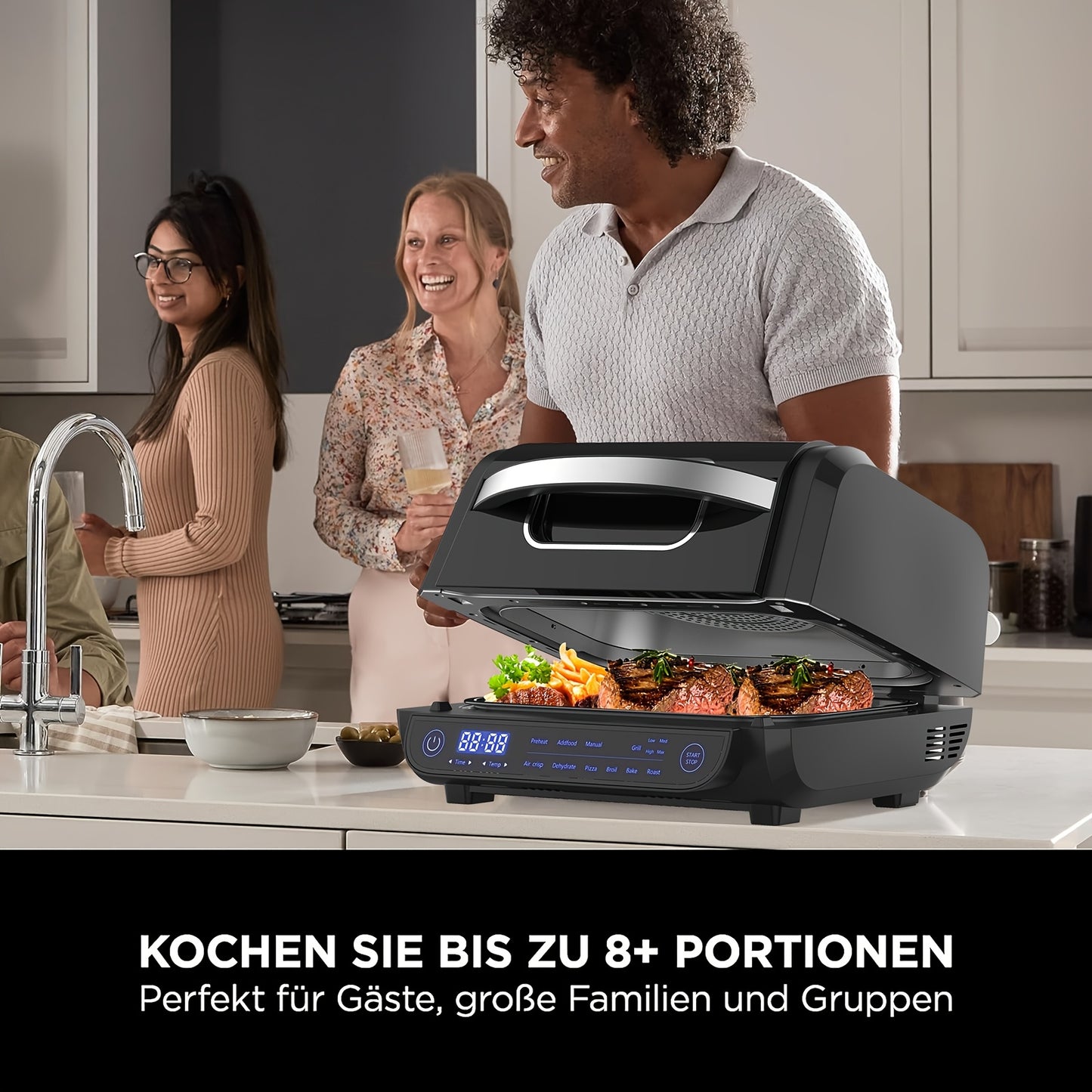 8-in-1 Grill Hot Air Fryer, 6L Capacity Airfryer, Electric Grill with Touch Control, 120-Minute Timer, 1700W, Black