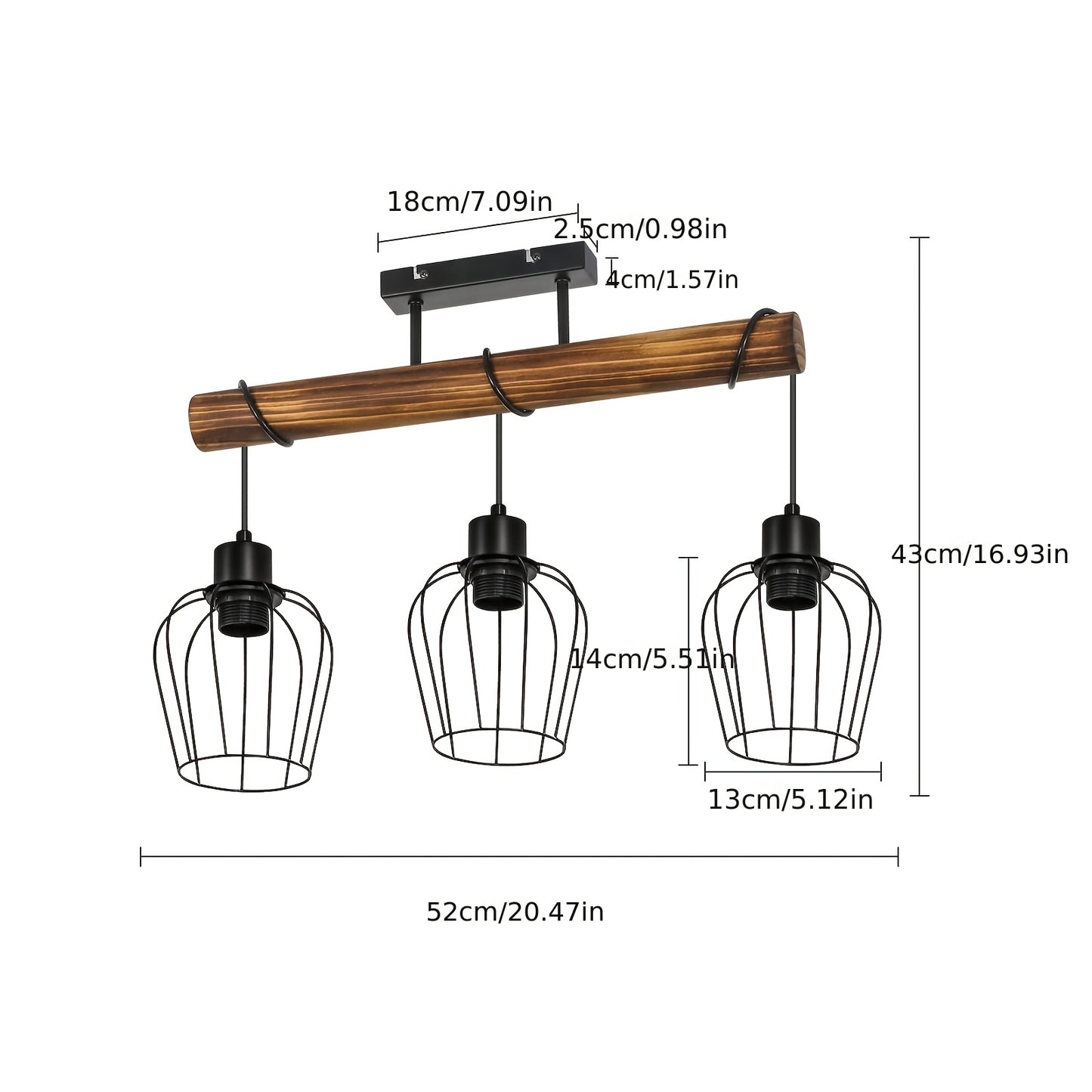 3 Bulbs Wooden Living Room Lamp Black - Socket: E27 - Vintage Ceiling Lamp, Height Adjustable Spotlight Made Of Metal And Wood (Without Bulb)