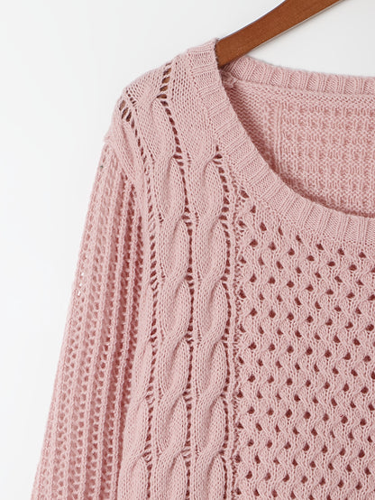 Elegant Pink Knit Sweater Dress for Women - Casual Long Sleeve, Round Neck, Bodycon Midi with Cable Knit Pattern, Perfect for Fall/Winter, 100% Polyester