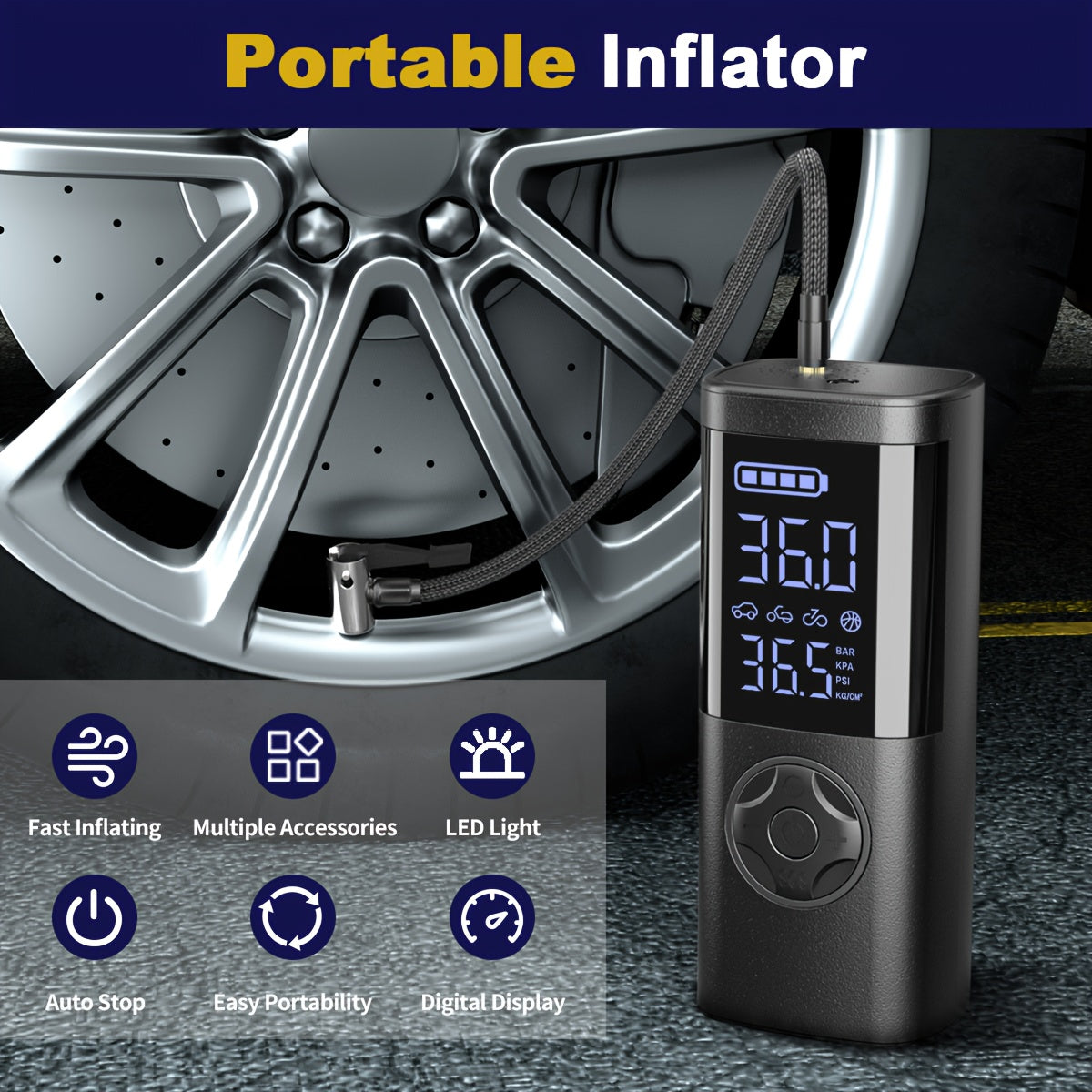 TEMOLA 7-in-1 Emergency Canjumper Starter & Tire Inflator with Digital Display, LED Light, Instant Jump Start, Tire Pressure Detection, Smart Air Compressor, USB Charging, Durable Polymer Battery for Cars, Motorcycles, Bicycl