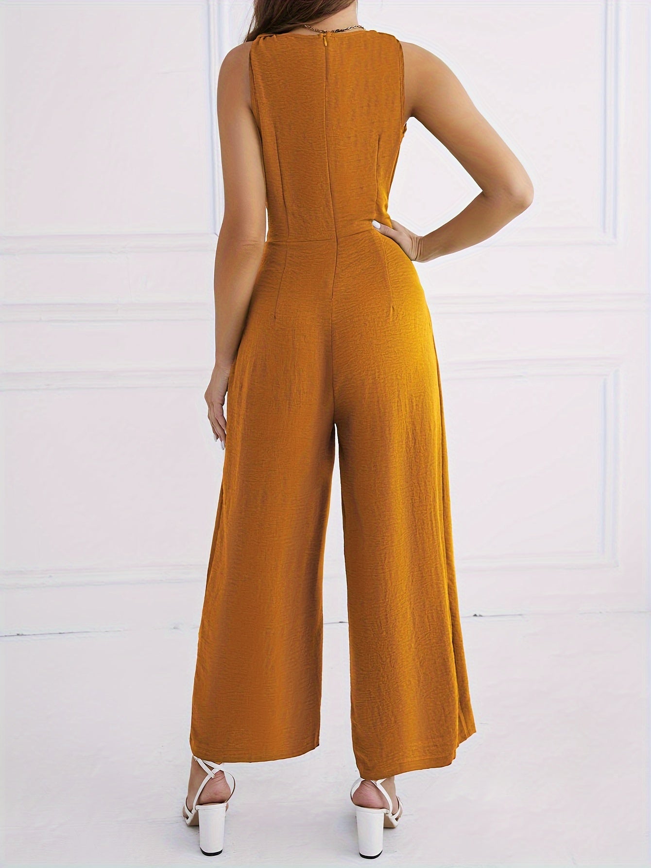 Macacão com decote em V e nó, macacão casual sem mangas com pernas largas para a primavera e verão, roupa para mulher