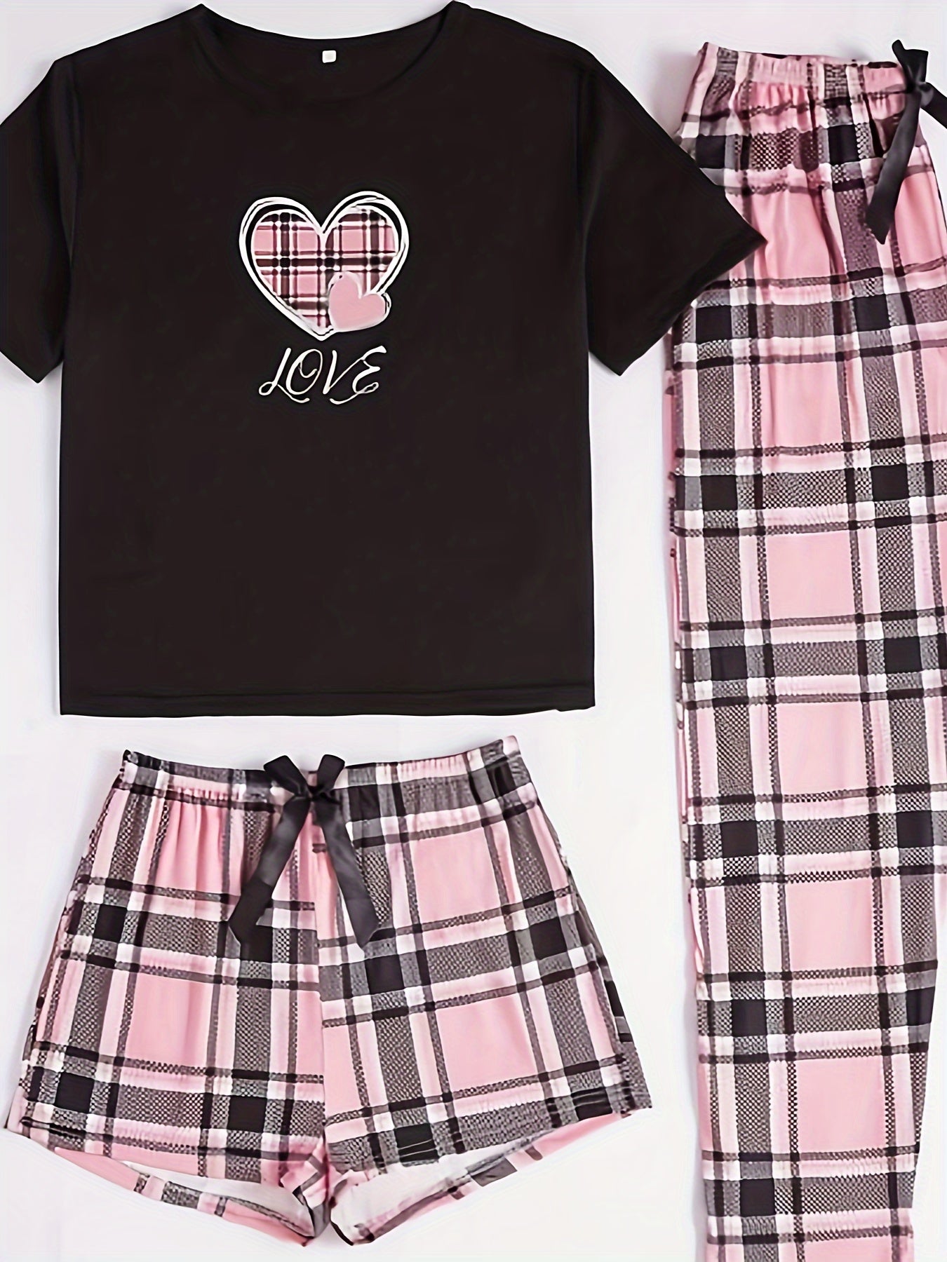 3-Piece Casual Women's Pink Heart Plaid Pajama Set with Round Neck and Plaid Pattern for Adults, Made of Polyester