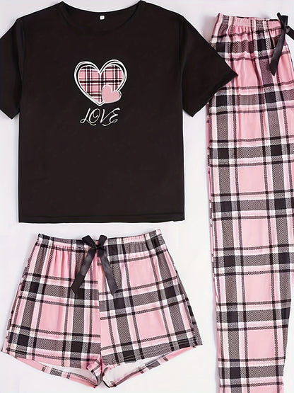 3-Piece Casual Women's Pink Heart Plaid Pajama Set with Round Neck and Plaid Pattern for Adults, Made of Polyester