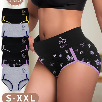 5pcs Women'S High-Waisted Shapewear Briefs - Comfortable Two-Tone Design with "LOVE" Heart & Paw Print Patterns, Breathable Polyester Blend, Sizes S-XXL, Cute Underwear, Highwaisted Underwear, Elegant Underwear, Comfortable F