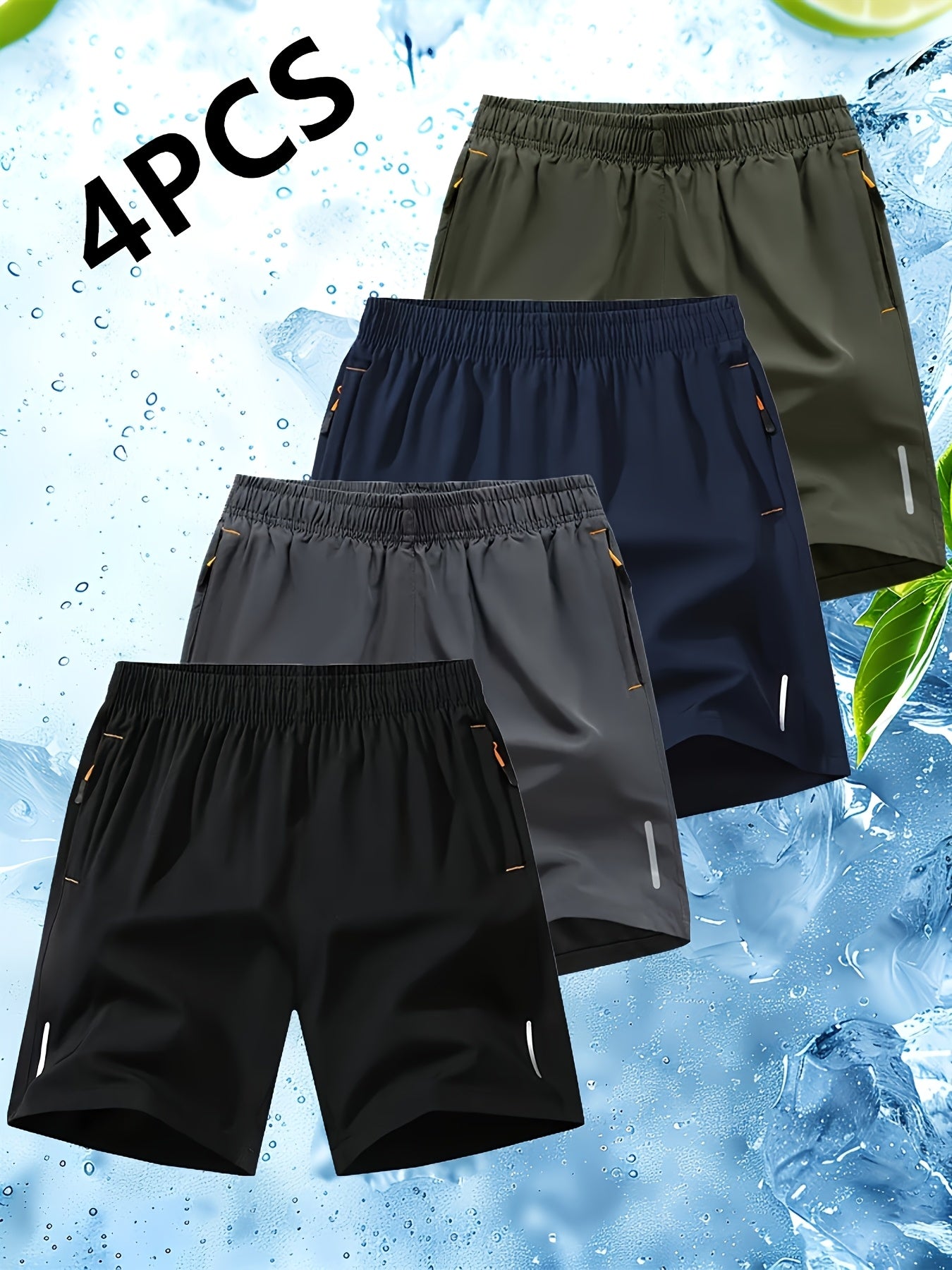 4pcs Men'S Reflective Striped Athletic Shorts - Breathable Quick-Dry Summer Workout Shorts with Pockets, Beige, Navy Blue, Black, Tennis & Gym Shorts for Men, Gym Shorts, Sporty Design, Quickdry Fabric