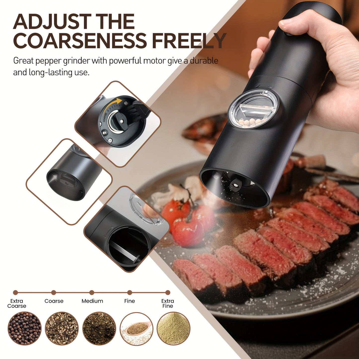 1pc/2pcs Option, Rechargeable Electric Salt And Pepper Grinder, Automatic Salt And Pepper Grinder with LED Light, Adjustable Coarseness, Large Capacity, Suitable for Home Kitchen Barbecue, Restaurant, Outdoor, Wedding Gift